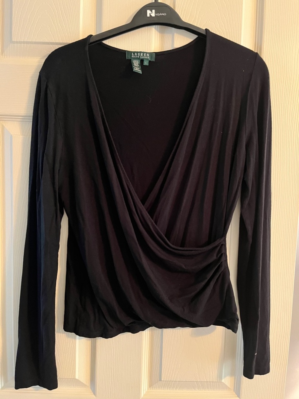 Lauren Ralph Lauren Black Draped Wrap-Front Long Sleeve Top